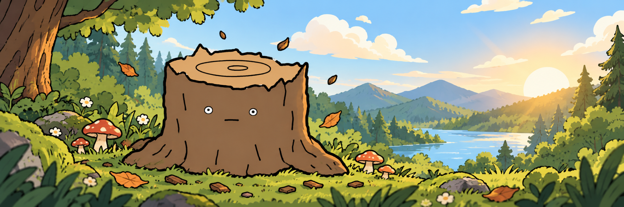 Stumpy in a sunny forest overlooking a lake